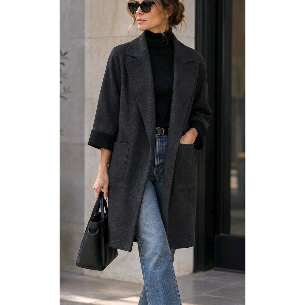 Premise Charcoal Gray Open Front Coat S Oversized Lapel 3/4 Sleeve Long Jacket